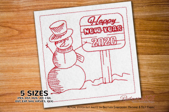 Snowman with New Year Sign Board Redwork Review